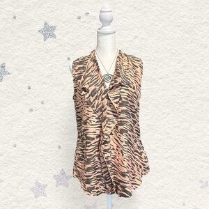 Cabi pink & black tiger print sleeveless ruffle blouse S